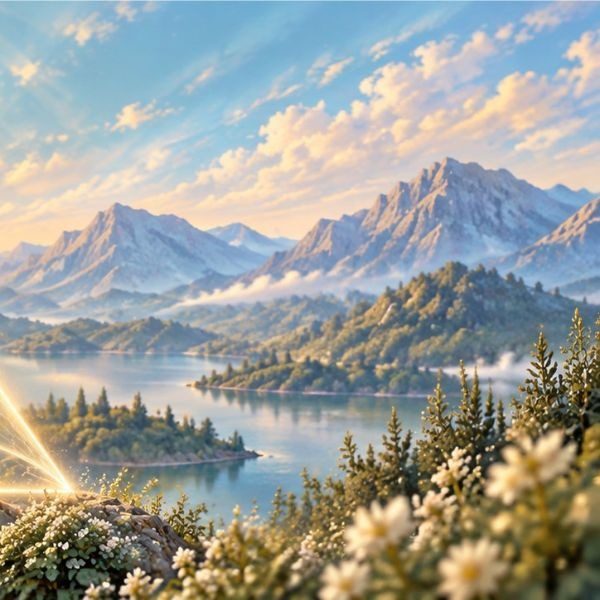Mountains and a quiet lake at sunrise